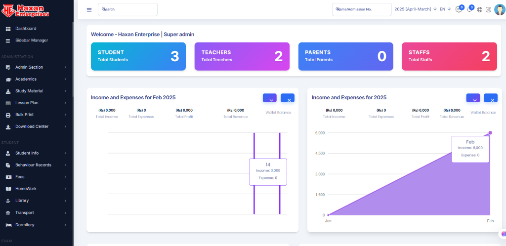 Haxan Schooly – Advance School Management System in Pakistan Dashboard Preview
